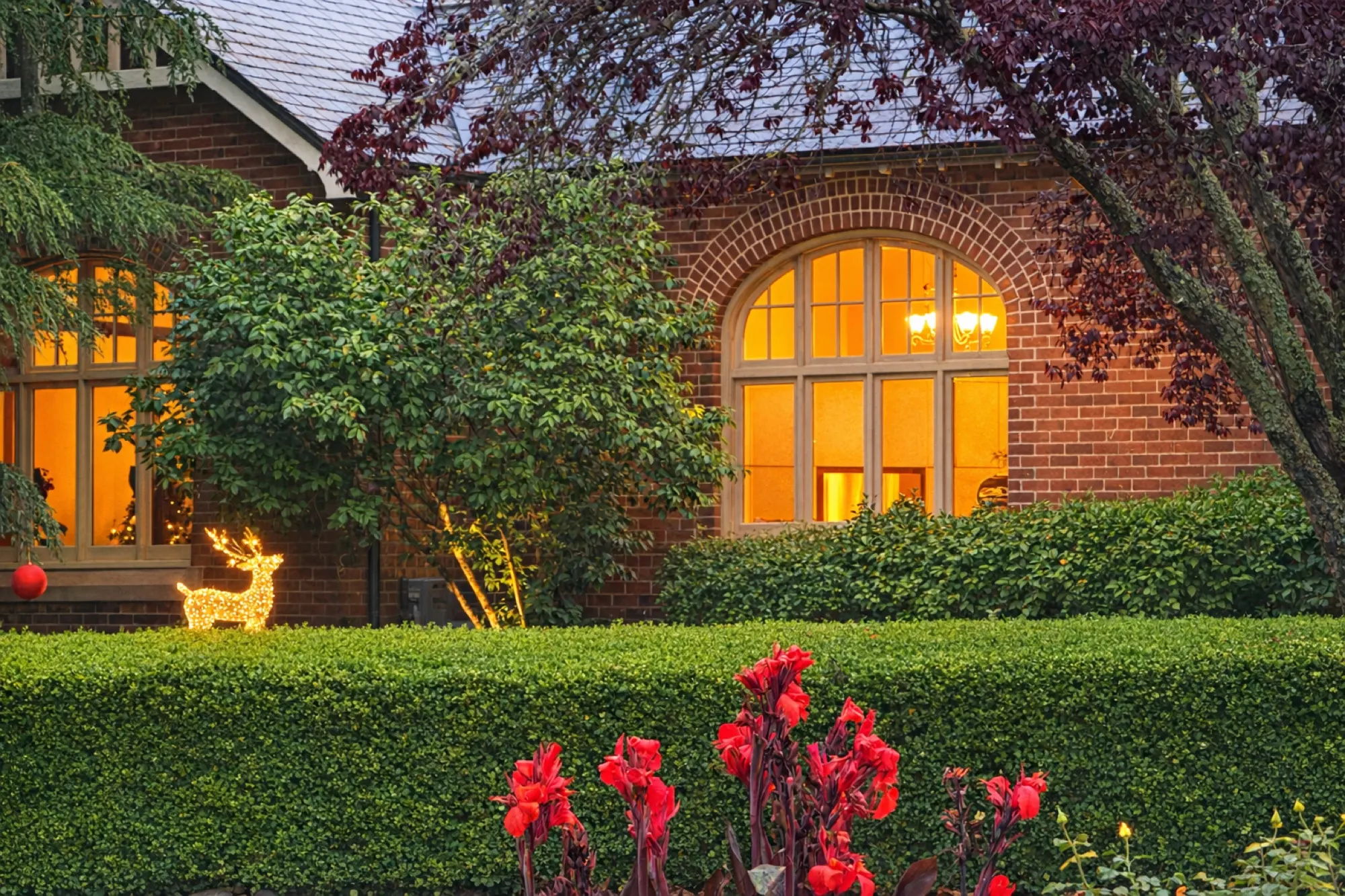 Seven Oaks at dusk, windows glowing gold
