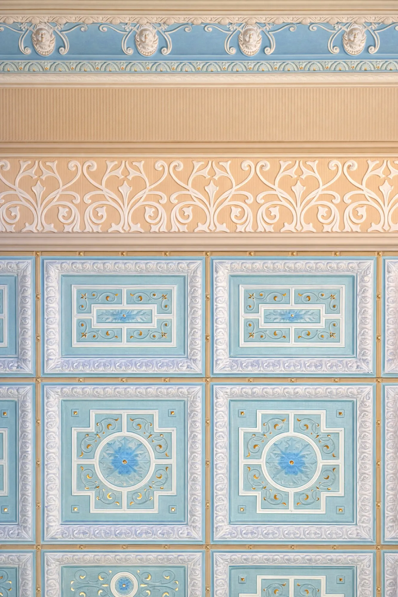 A Wunderlich pressed-metal ceiling in blue and gold