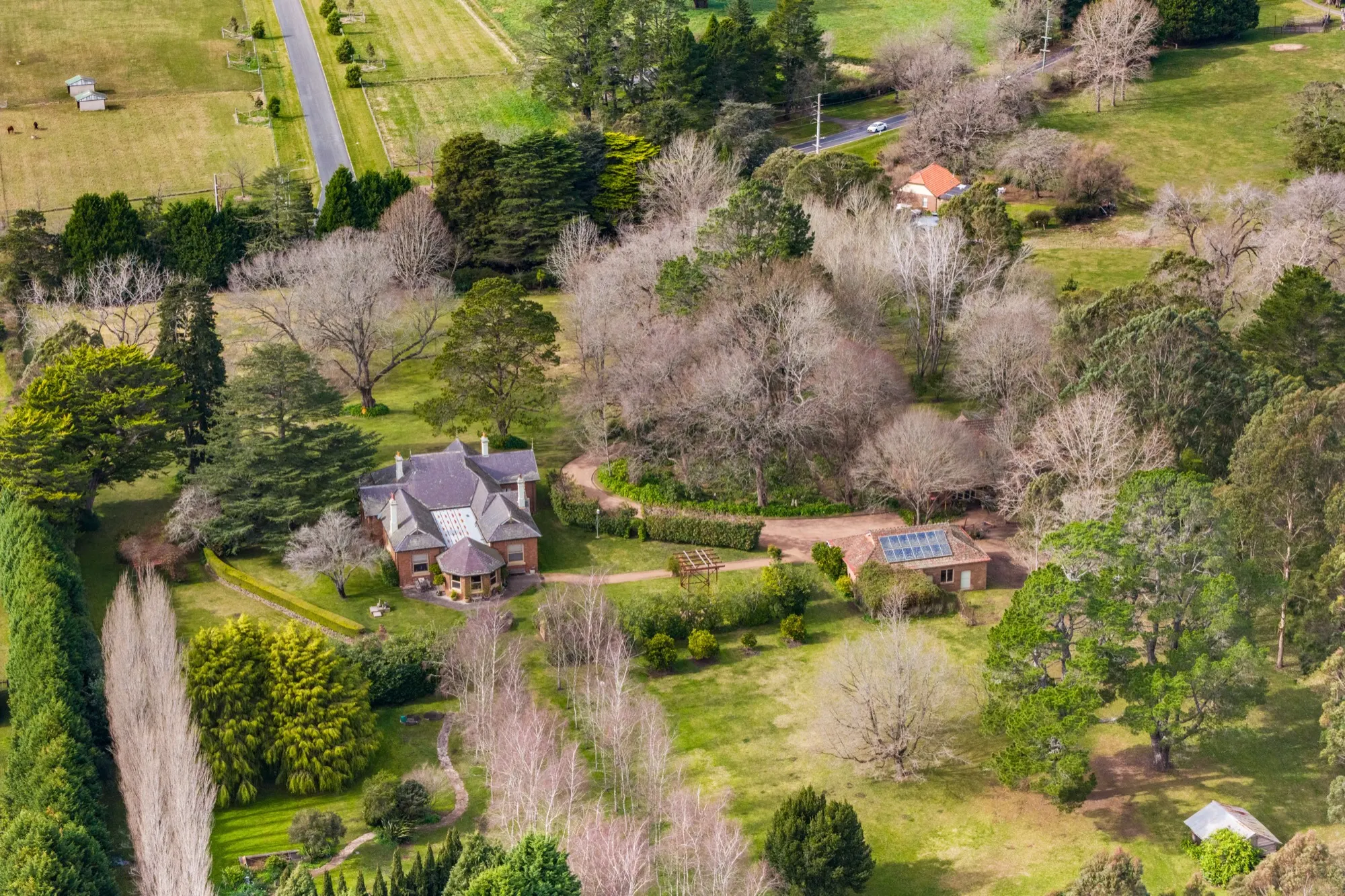 Aerial view of Seven Oaks and its six acres